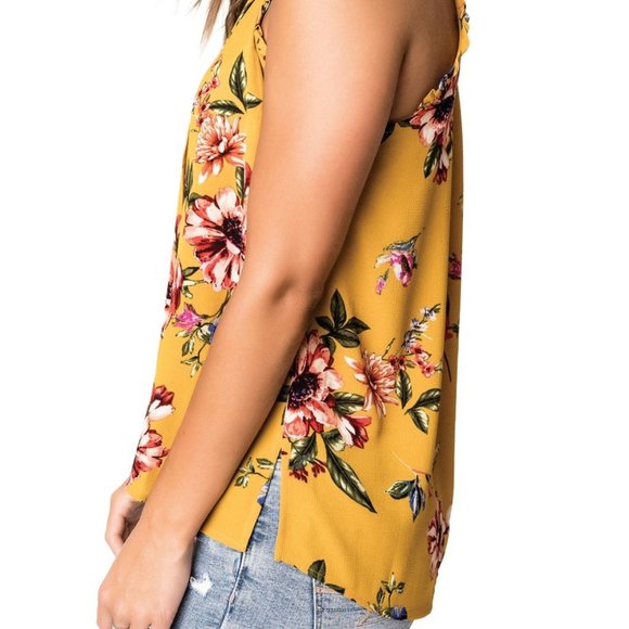 Gibson Nordstrom Floral Ruffle Tank Top Crepe Blouse Yellow Size Medium NEW - Picture 3 of 8